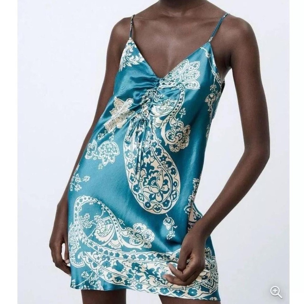 Zara Blue Satin Paisley Mini Dress